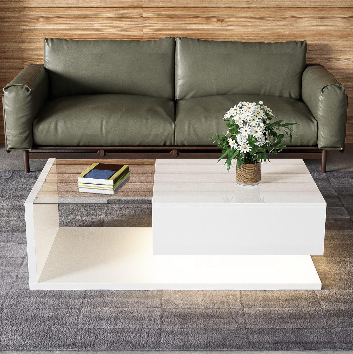 COUCHTISCH aus Spanplatte und Glas 105x55x32,5 cm in Weiß mit LED-Beleuchtung - Weiß, Holzwerkstoff (105/55/32.5cm) - Modfu