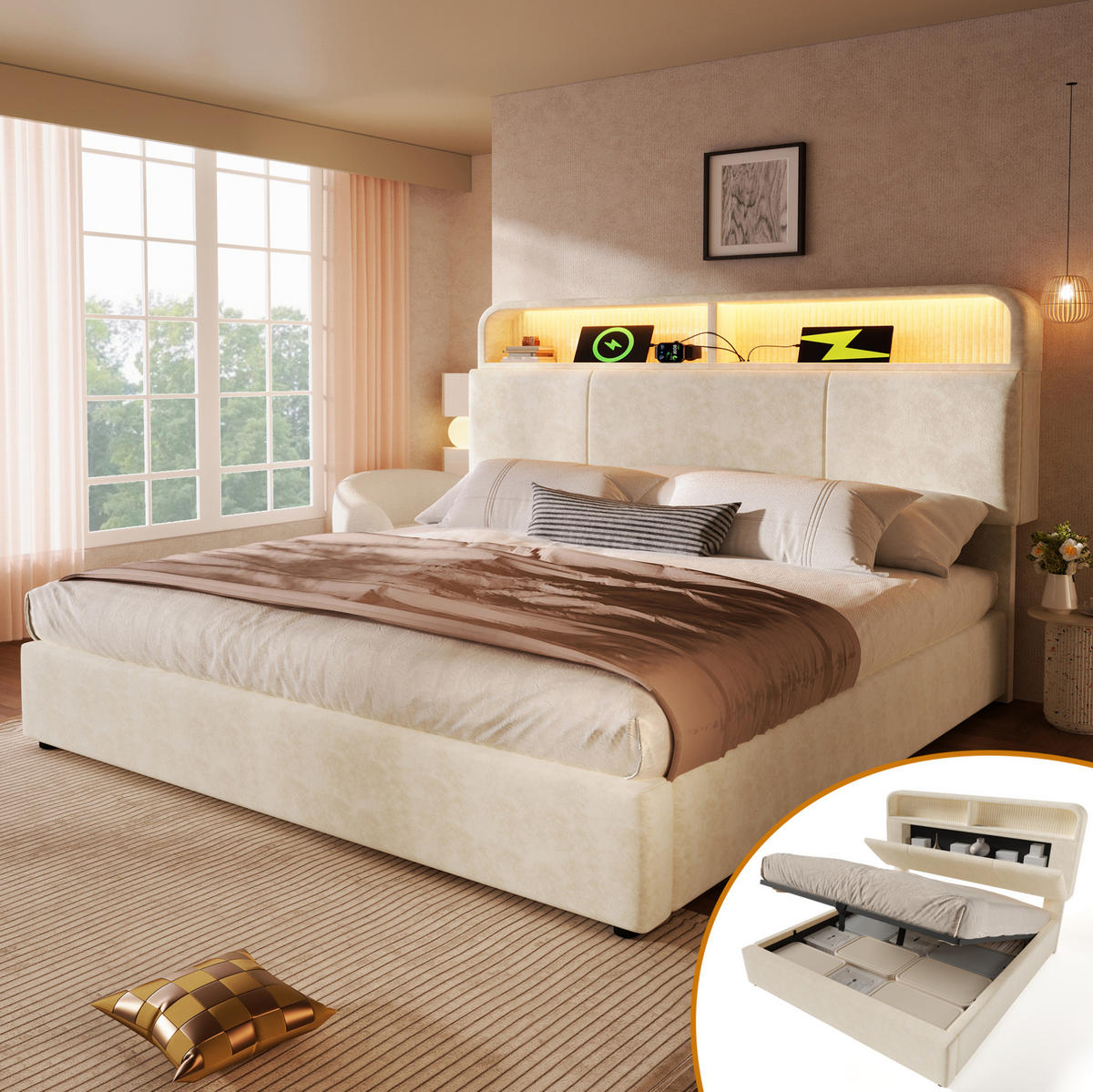 BETT mit Stauraum 140x200 cm Samt Beige inkl. Matratze - Beige, Metall (140/200cm) - Meubliv
