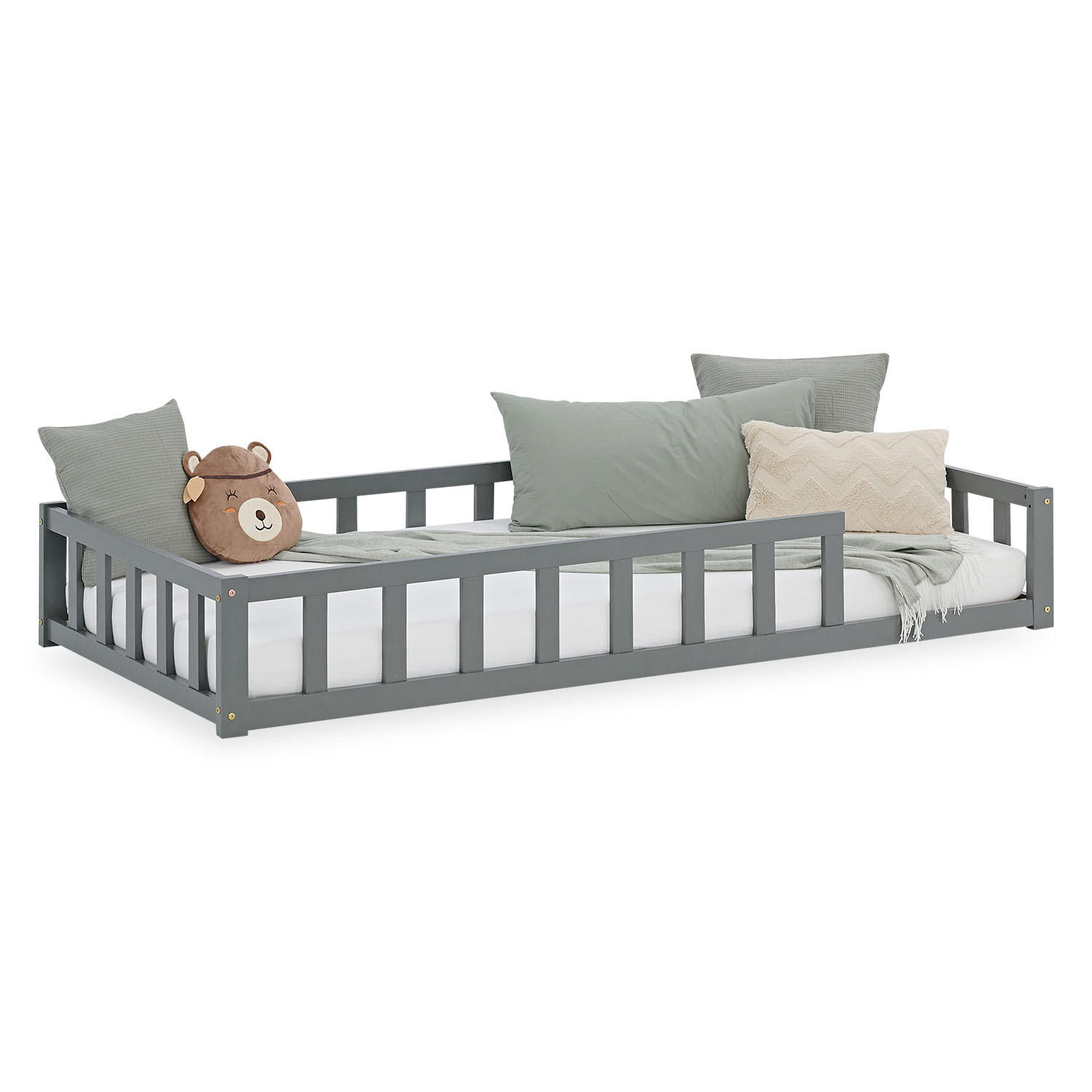 BODENBETT Grau 90x200 cm mit Lattenrost Kind - Grau, Holz (90/200cm) - Homestyle4u