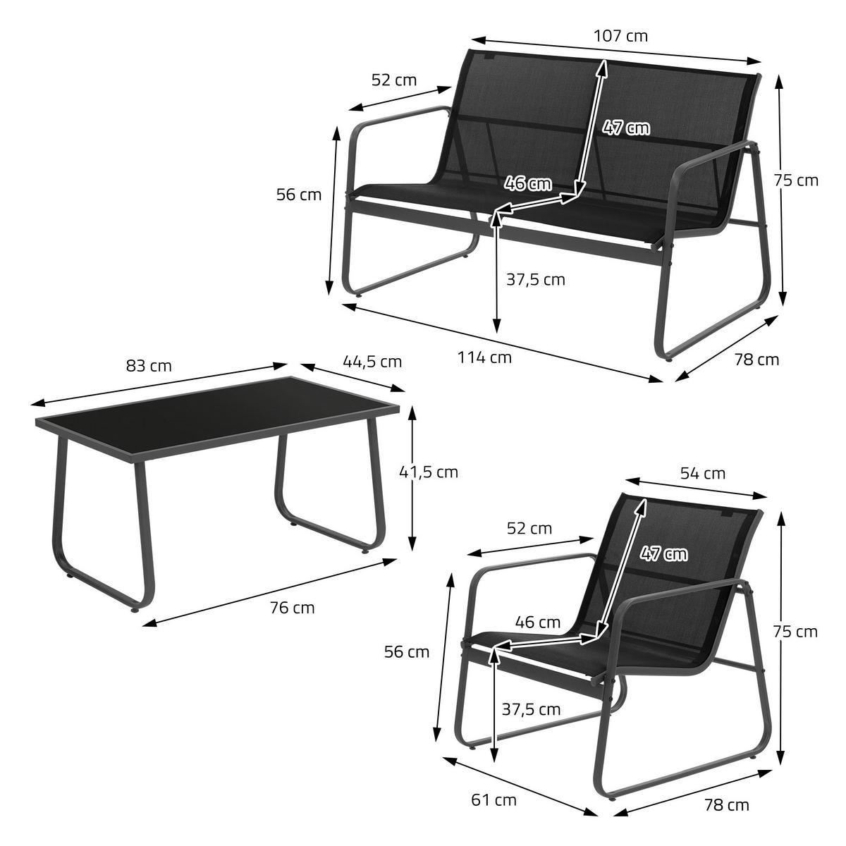 GARTENMÖBEL Set 4-teilig schwarz - Schwarz, Metall - ML-DESIGN