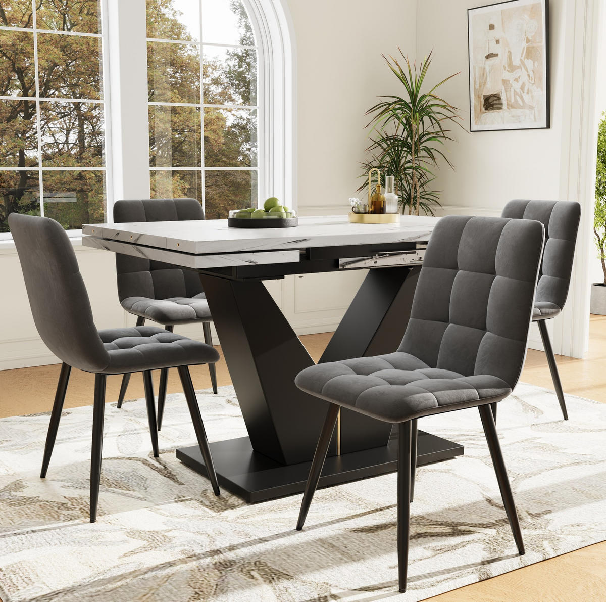 ESSTISCH 99-159/75/75 cm weiß schwarz ausziehbar mit V-Fußgestell aus MDF Metall - Weiß, Holzwerkstoff (99/75/75cm) - OKWISH