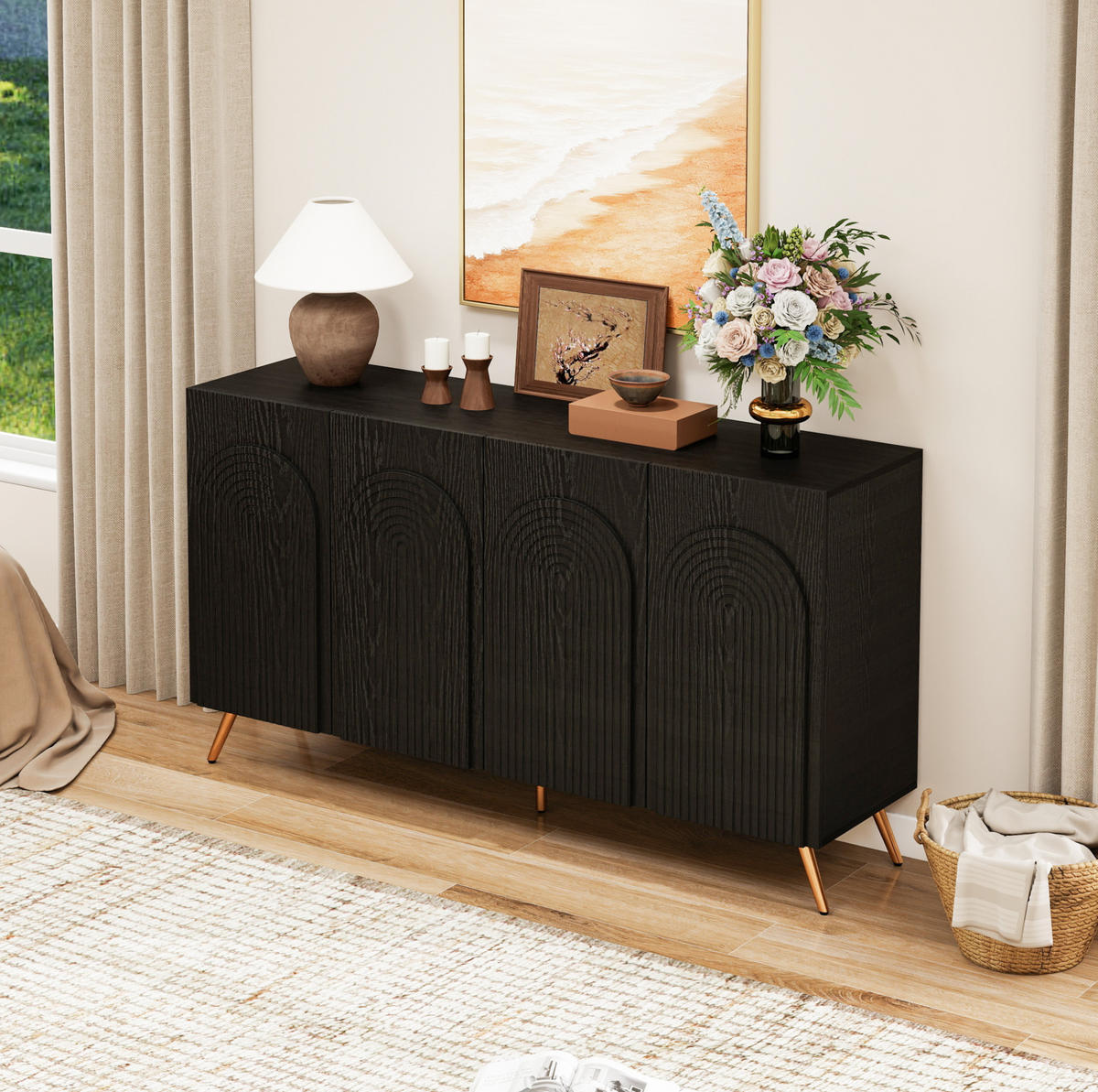 SIDEBOARD aus Holzwerkstoff 150x38x83 cm Schwarz mit verstellbaren Einlegeböden, 3D-Vertikalrillen und Bogentüren - Schwarz, Holzwerkstoff (150/83/38cm) - Modfu