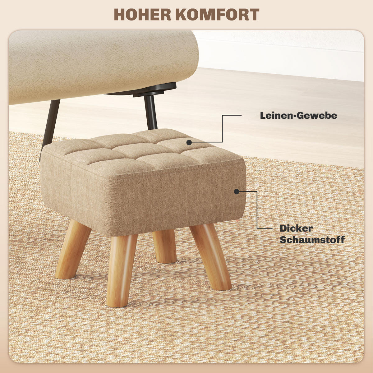 FUSSHOCKER Hocker Moderner Sitzhocker mit Leinenoptik, Holzbeine, Braun - Braun, Kunststoff (27/26/27cm) - HOMCOM