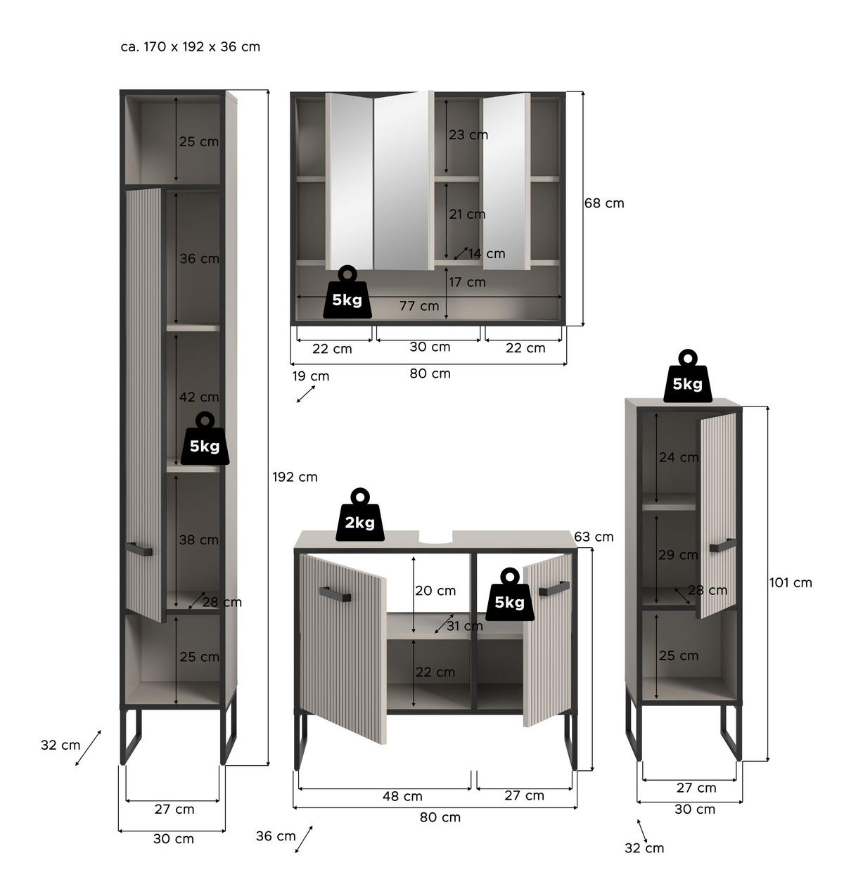 BADKOMBINATION Bagno 170x192x36 cm Kaschmir Schwarz 4tlg. - Kaschmir, Holzwerkstoff (170/192/36cm)