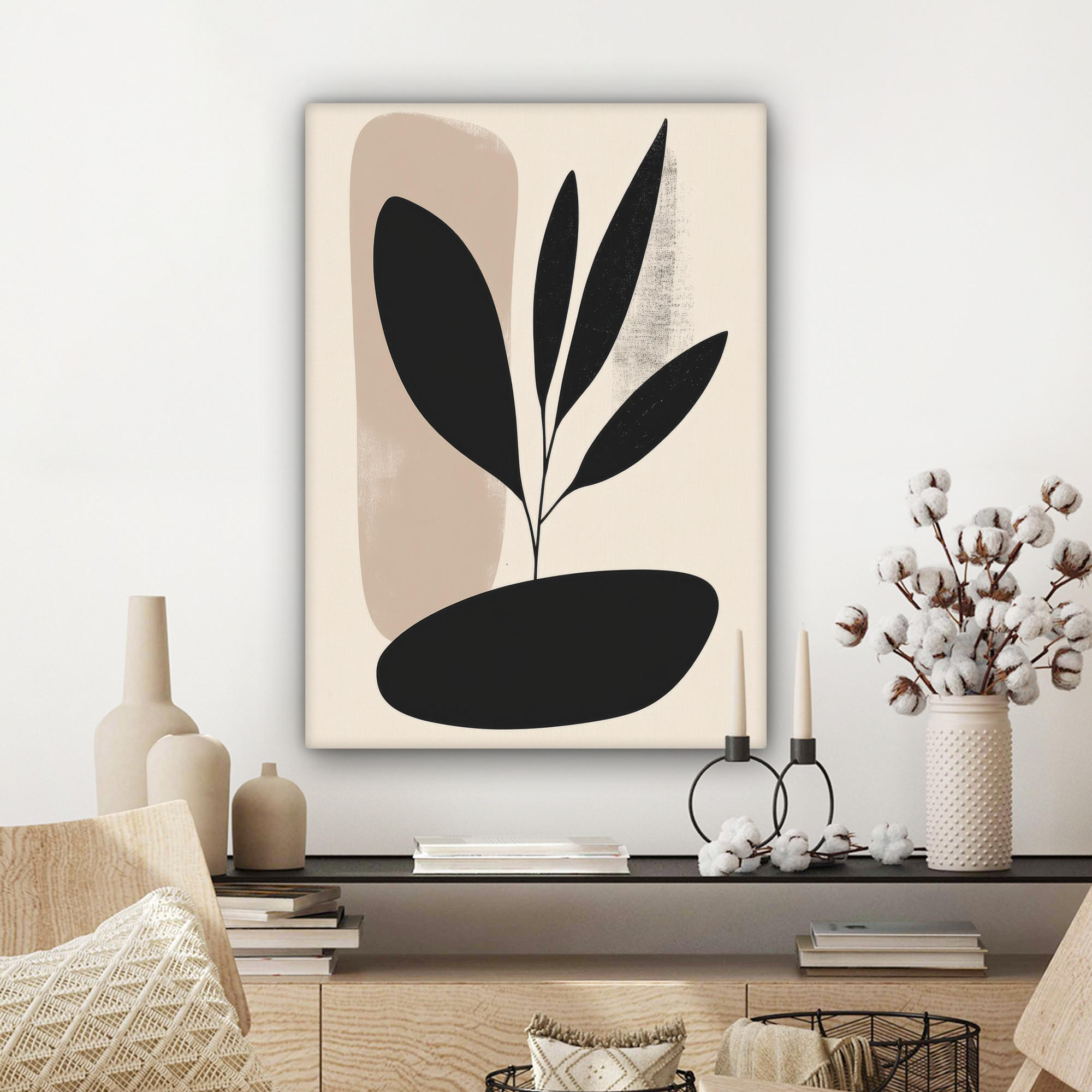 LEINWANDBILD Pflanze - Beige - Japanisch 60x80 cm - Schwarz, Textil (60/80cm) - MuchoWow