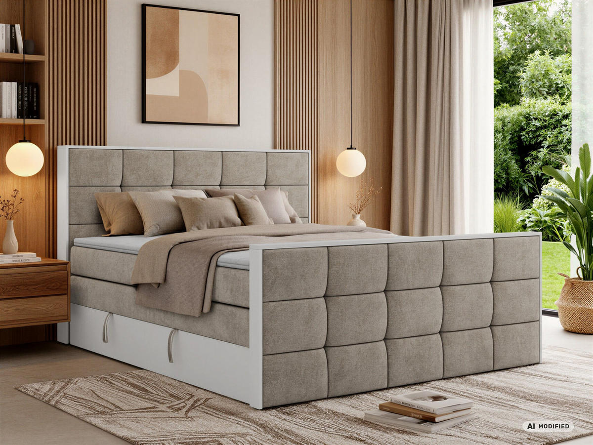 BOXSPRINGBETT ALVIT KING DUO 200/200 - Greige Stukture - Topper T25 - H3 - Greige/Schwarz, Kunststoff/Textil (200/200cm) - MKS