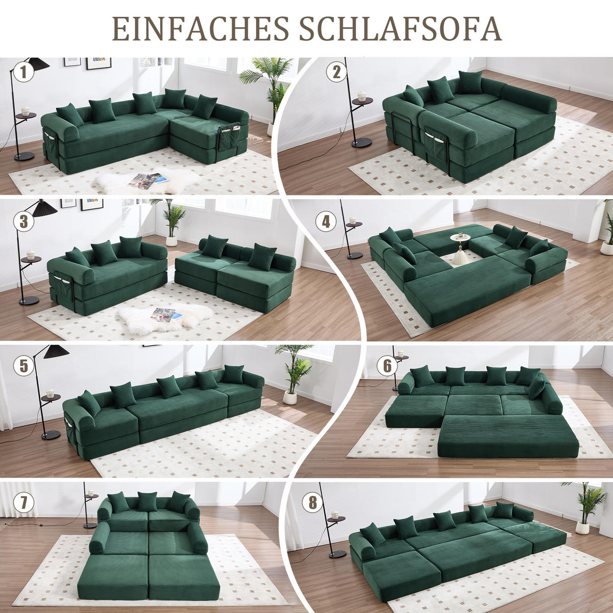 SCHLAFSOFA 270/180/64 cm Smaragd mit Integrierte Seitentaschen - Smaragdgrün, Textil (270/64/180cm) - Oxeza