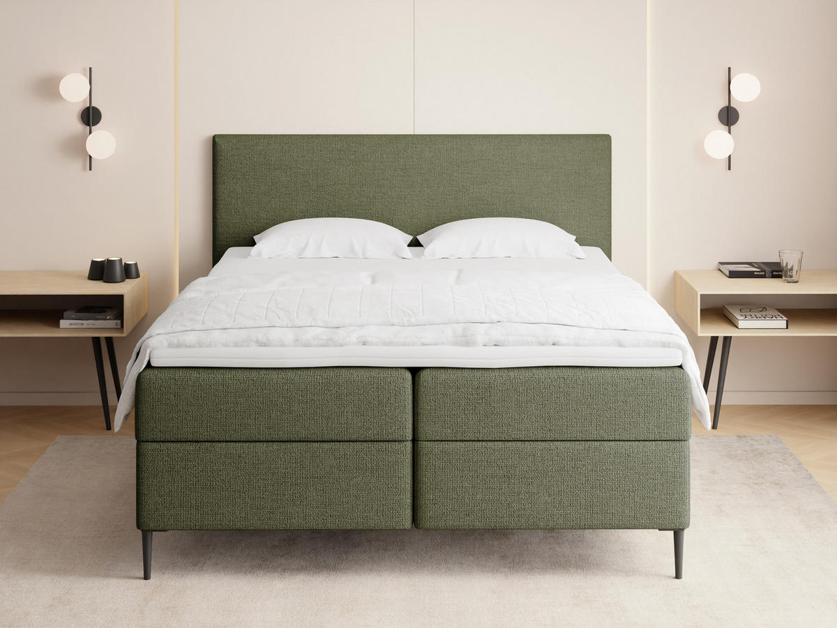 BOXBETT Alba Rise mit Bettkasten, Grün Chenille 140x200 cm – inkl. H4 Taschenfederkern Matratze & Foam Topper - Schwarz/Grün, Holz/Textil (140/200cm) - WFL GROUP