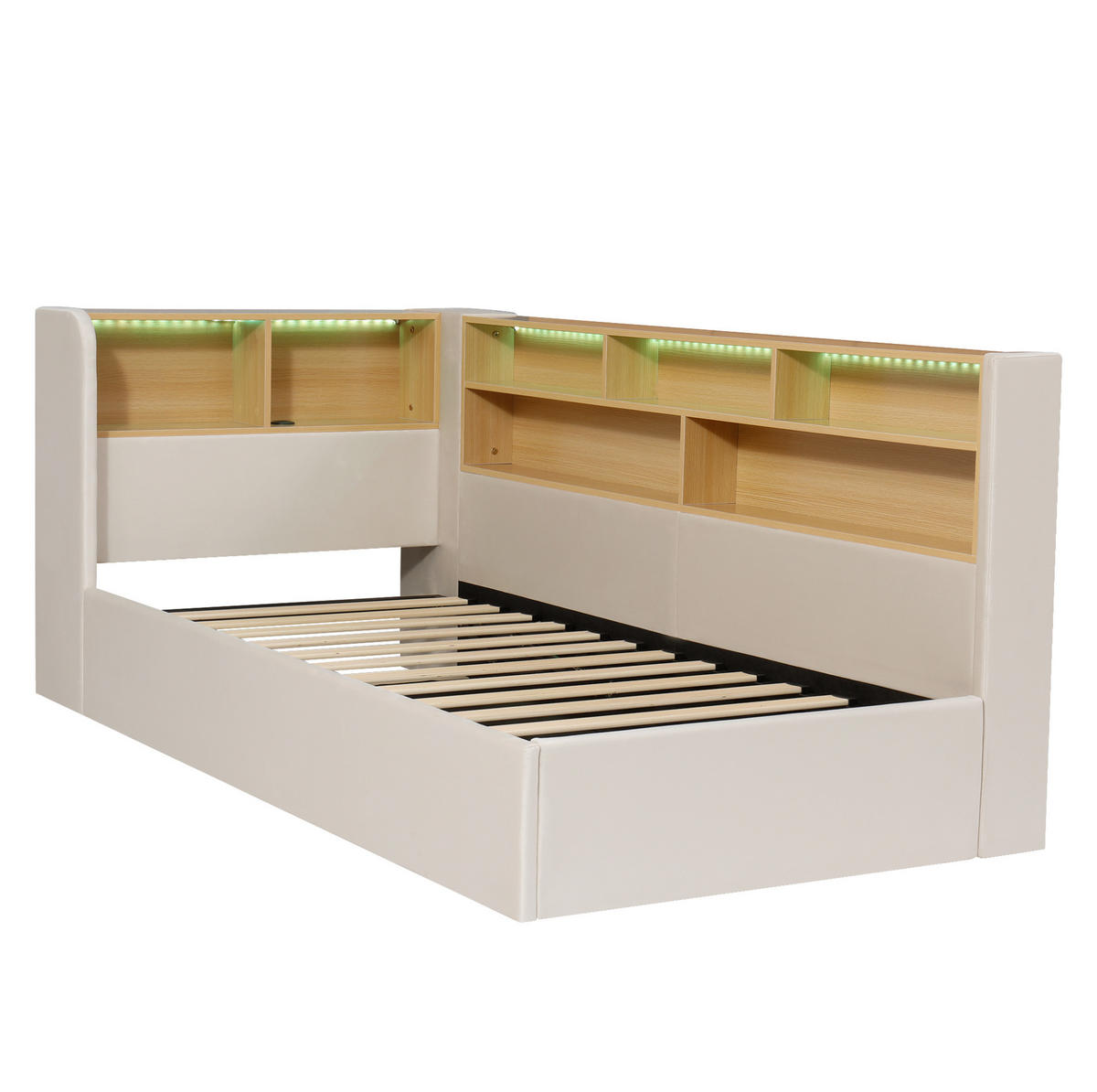 TAGESBETT 90/200 cm mit hydraulischem Stauraum, LED-Beleuchtung, USB- und Type-C-Anschluss, Samt, Beige - Beige, Textil (90/200cm) - Redom