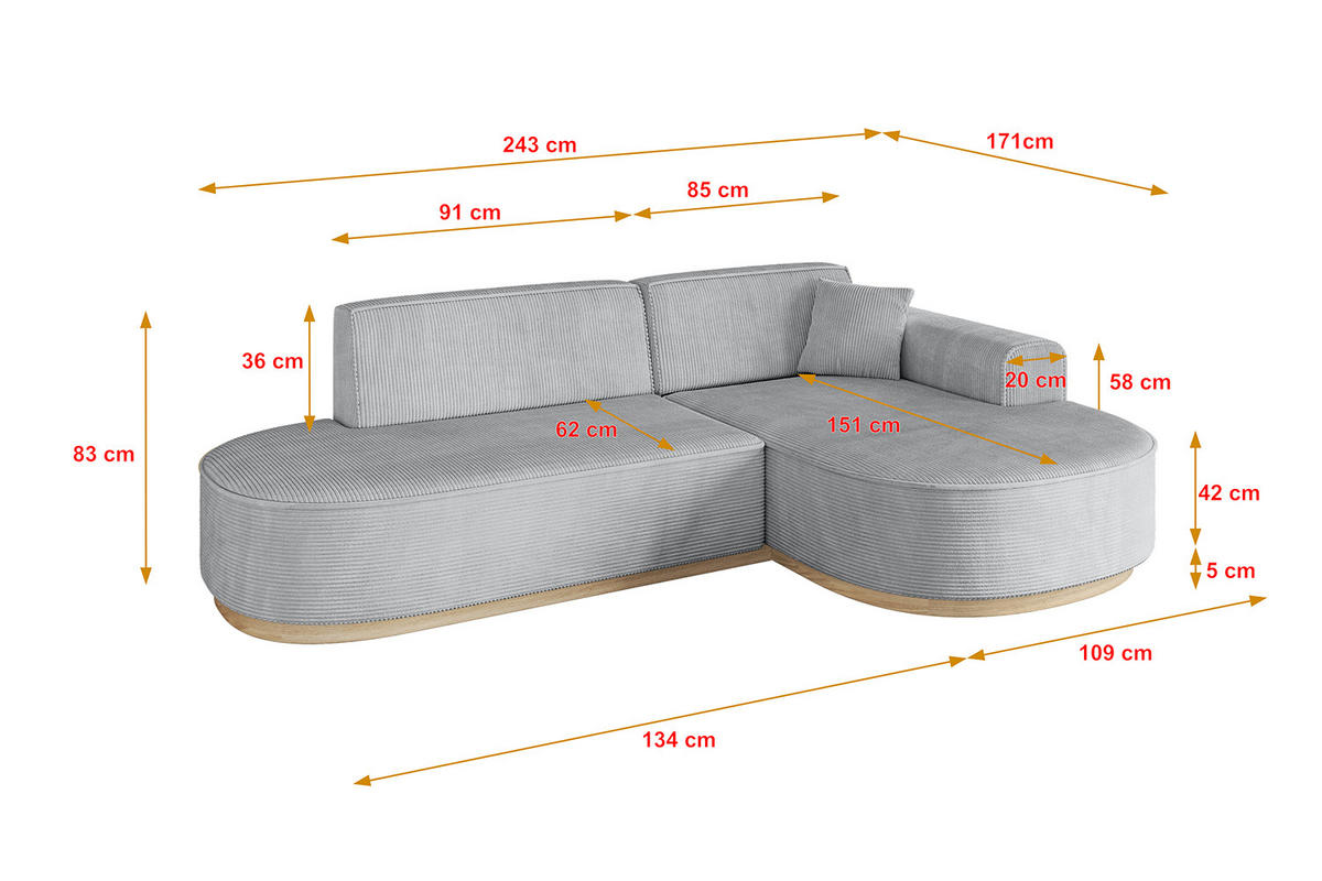 ECKSOFA Ottomane Rechts MARI-L1-v1 - 243x171x83 cm Grau Cord - Grau, Holzwerkstoff/Textil (171/243cm) - ALTDECOR