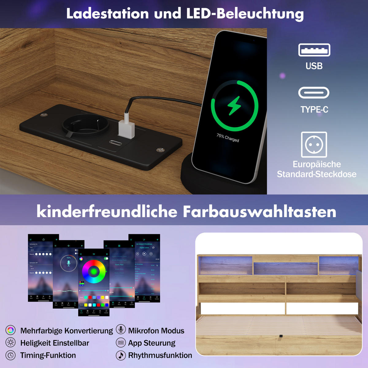 DAYBETT Natur 140x200 LED USB Hydraulik Stauraum Holz - Naturfarben, Holzwerkstoff (140/200cm) - FLIEKS