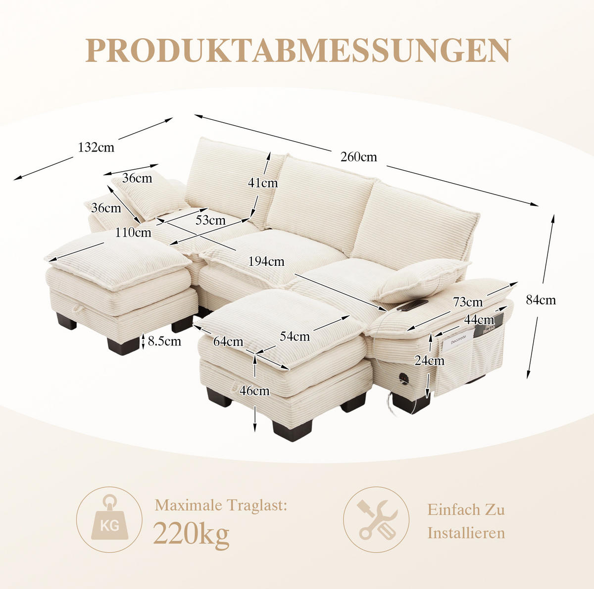 WOHNLANDSCHAFT aus Corduroy 260x132x84 cm in Beige mit USB-C & Seitentaschen - Beige, Textil (132/84/260cm) - Modfu