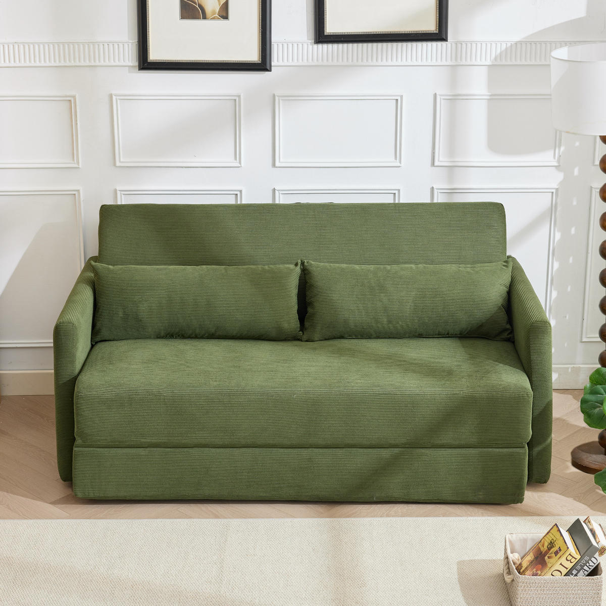 2-SITZER SCHLAFSOFA Cord Grün mit Kissen und Magazintaschen - Grün, Holzwerkstoff/Textil (165/67/212cm) - WISHDOR