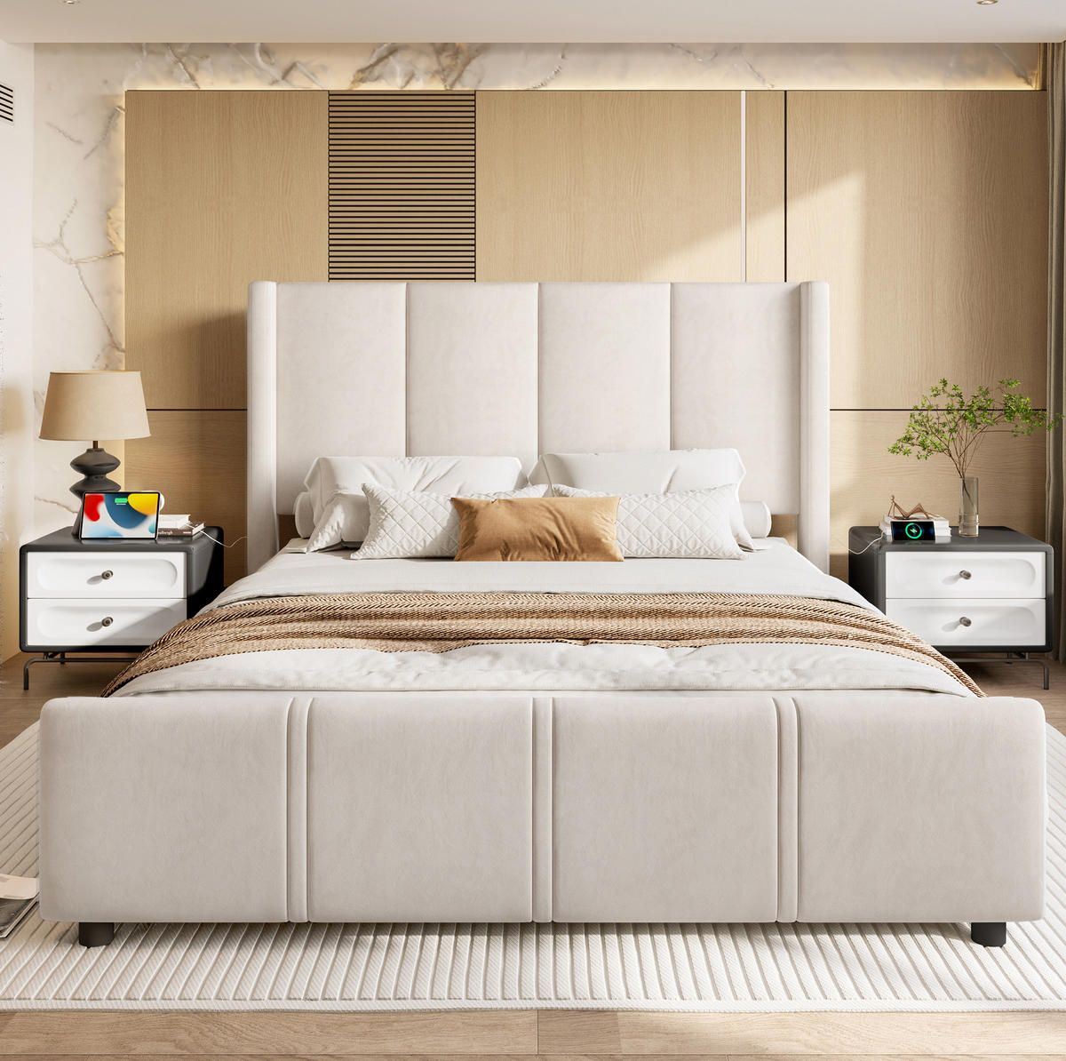POLSTERBETT 140/200 cm mit hohem Kopf- und Fußteil, USB- und Typ-C-Anschluss, Samtoptik, Beige - Beige, Textil (140/200cm) - Redom