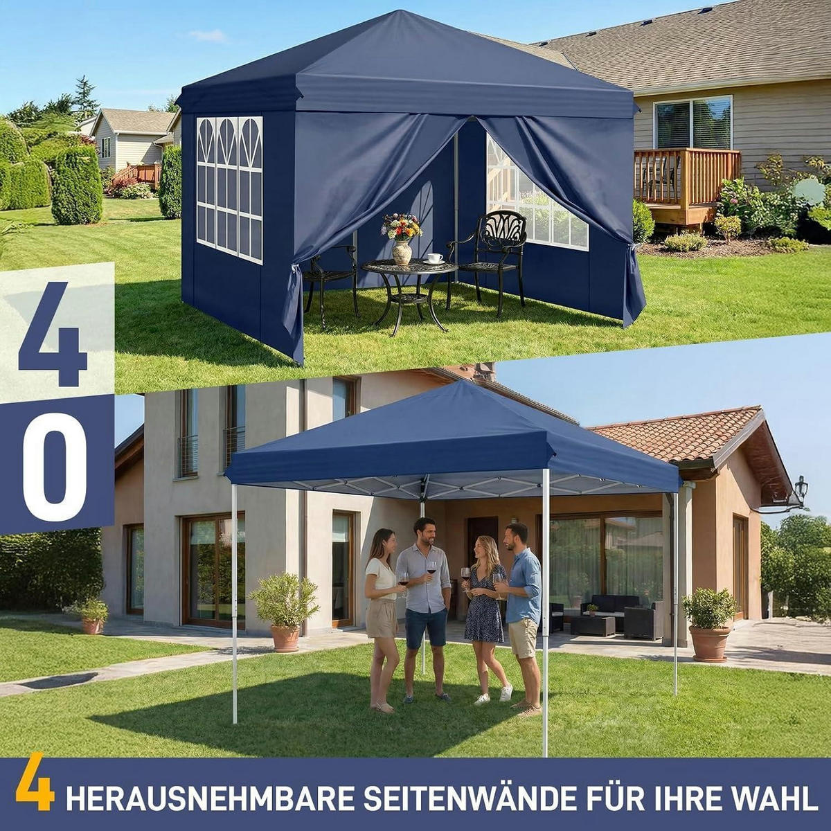 FALTPAVILLON 3 x 3 m mit 4 Seitenteilen blau - Blau, Textil (300/255/300cm)