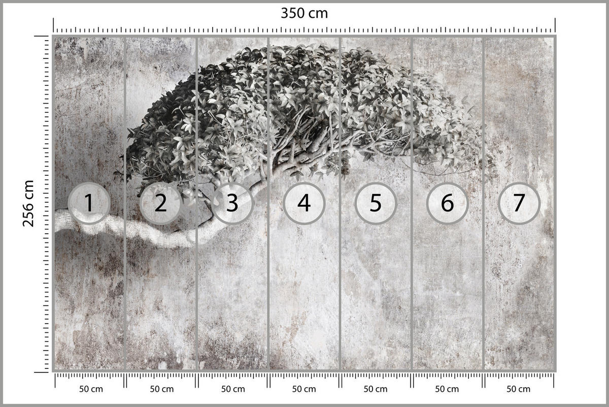 FOTOTAPETE Abstrakter Baum Beton 3D Effekt 350x256 - Schwarz/Grau, Papier (350/256cm) - Muralo