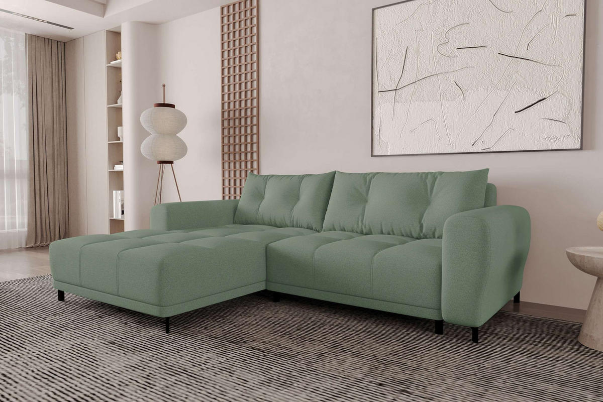 ECKSOFA Massimo Strukturstoff Salbeigrün inkl. Schlaffunktion Links - Salbeigrün/Schwarz, Textil/Metall (246/177cm) - 99rooms