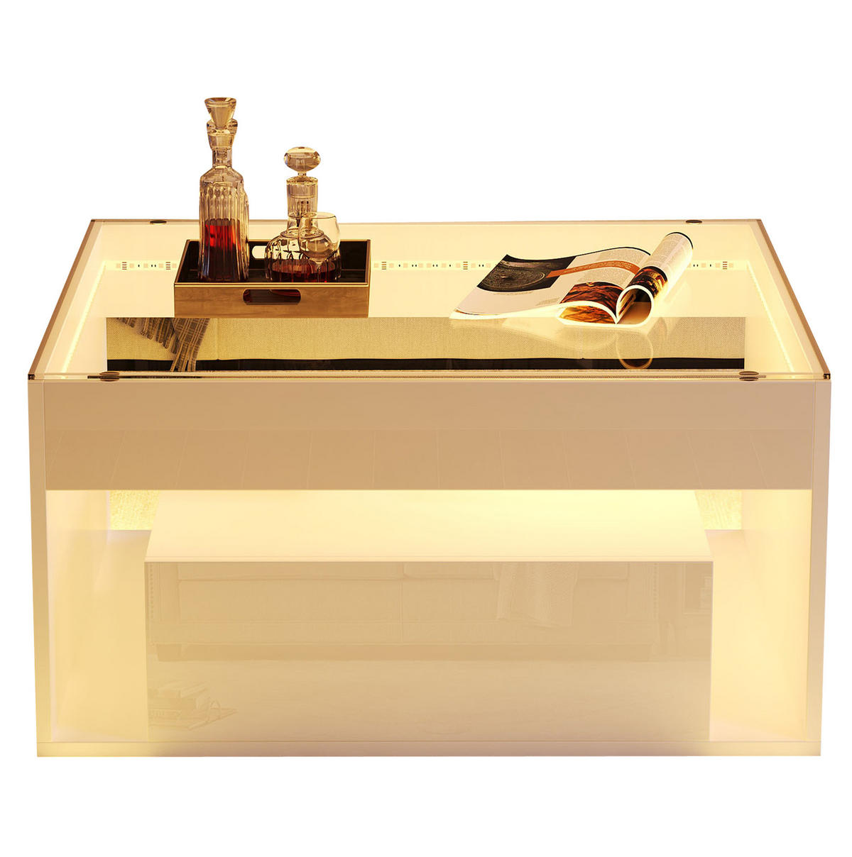 COUCHTISCH 70/70/35 cm in Weiß mit LED-Beleuchtung und 2 Schubladen - Weiß, Holzwerkstoff (70/70/35cm) - Flora Grace