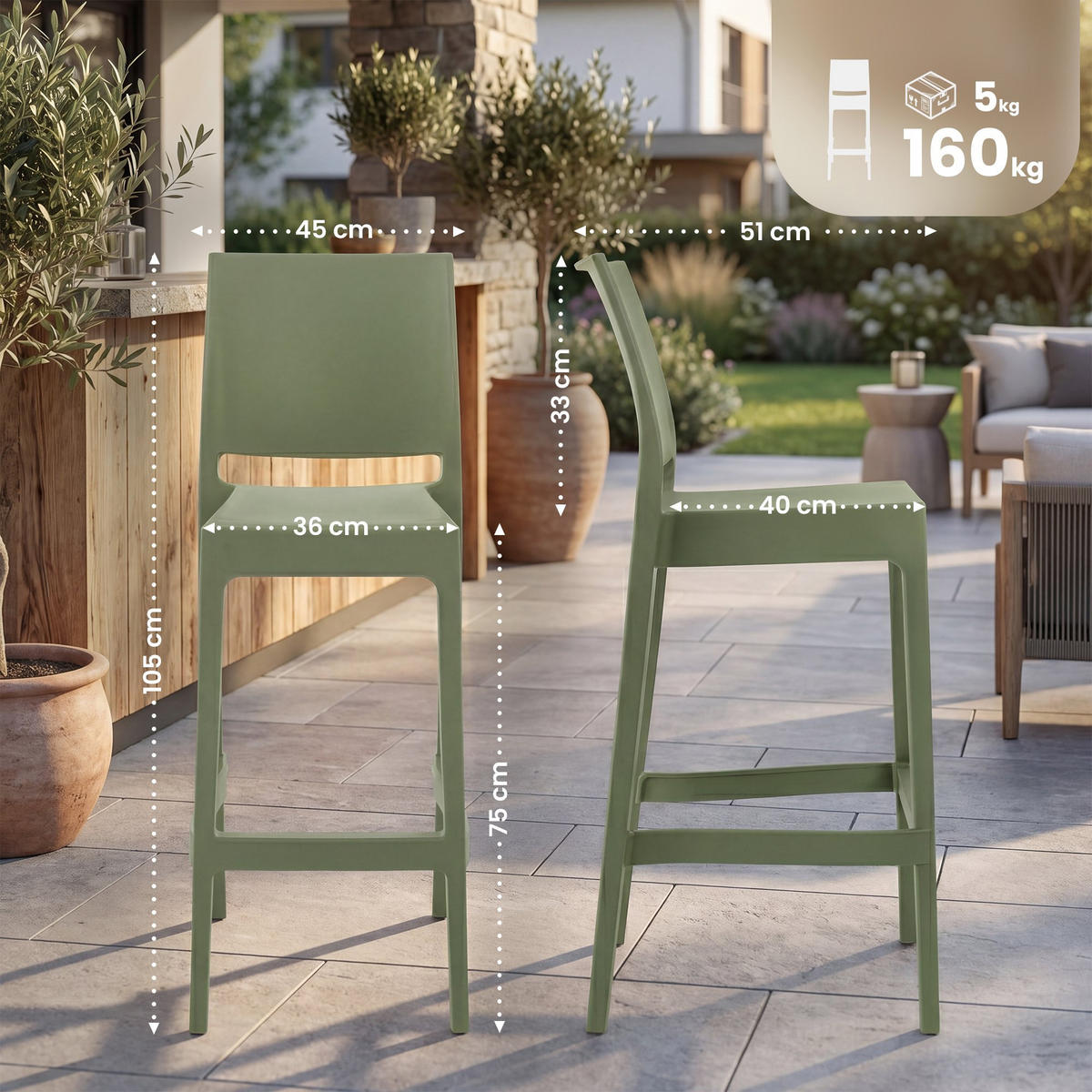 BARHOCKER Maya 105x45x51 cm oliv - Olivgrün, Kunststoff (45/105/51cm) - furnicato