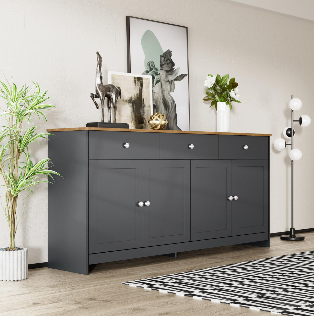 KOMODA 160 cm, MDF, černá a šedá s dekorem dřeva, rustikální - černá, kompozitní dřevo (160/75/37cm) - BEAOK