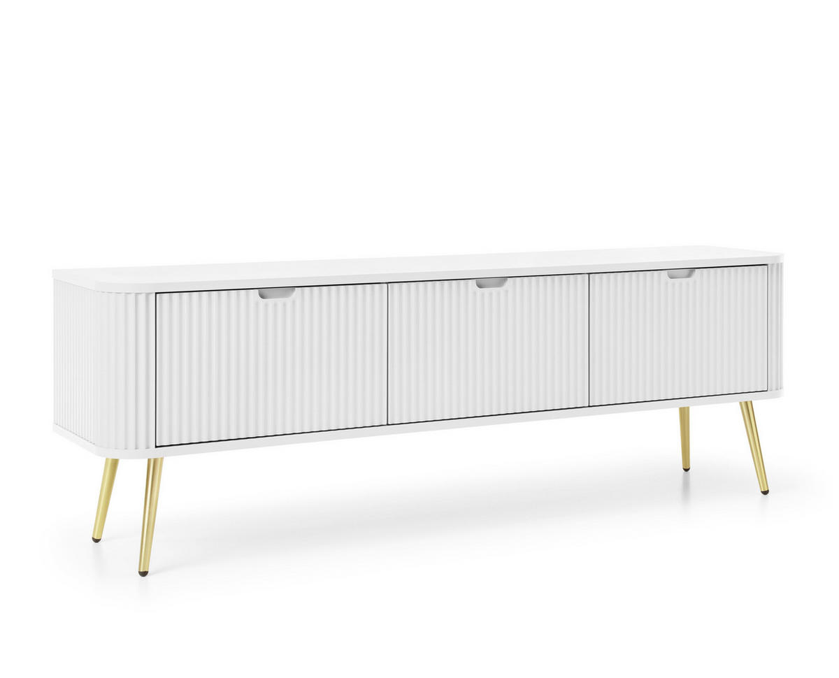 LOWBOARD Salvia 3T Weiß, Gold 168/56/39 cm – mit geriffelten Fronten und hohen Beinen - Goldfarben/Weiß, Holzwerkstoff/Metall (168/56/39cm) - AX Living