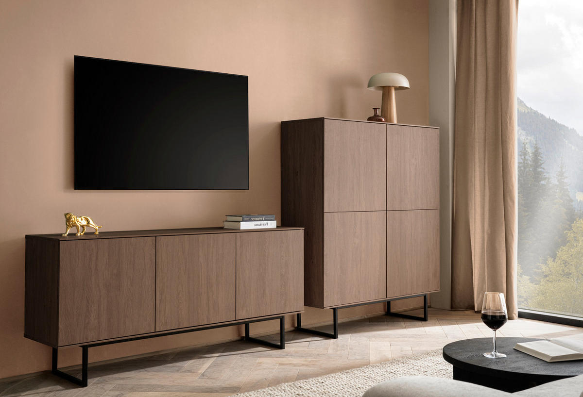 WOHNWAND in Nussbaum 2-teilig 280 cm, Wohnkombination mit Push-to-Open - Nussbaumfarben/Schwarz, Holzwerkstoff/Metall (280/137/40cm) - Furn.Design