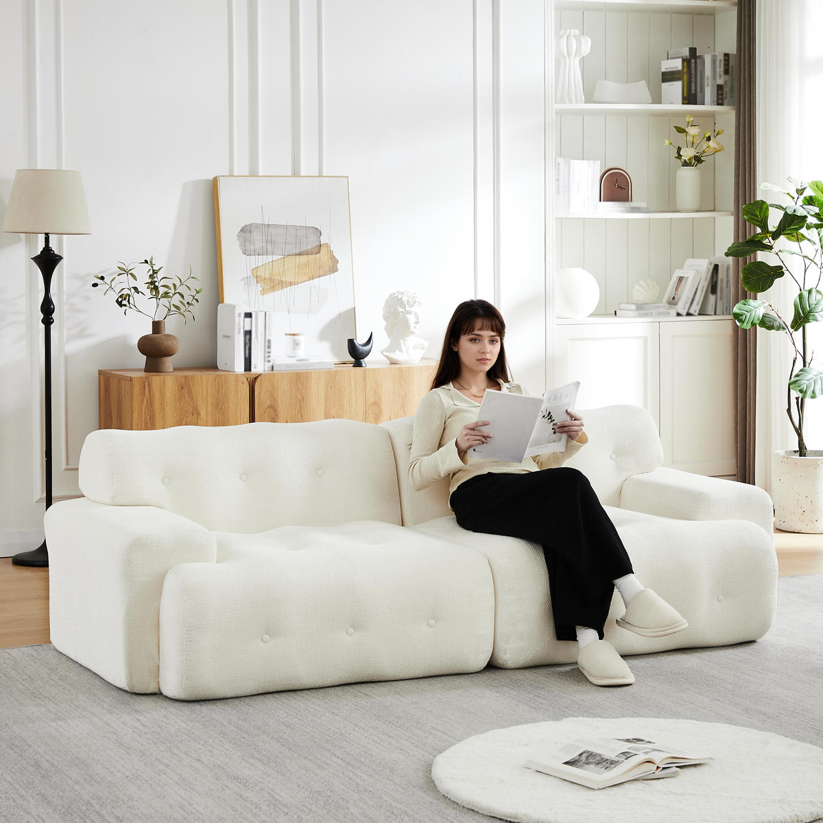 2-SITZER SOFA Chenille Beige mit breiten Armlehnen - Weiß, Textil (224/66/104cm) - WISHDOR