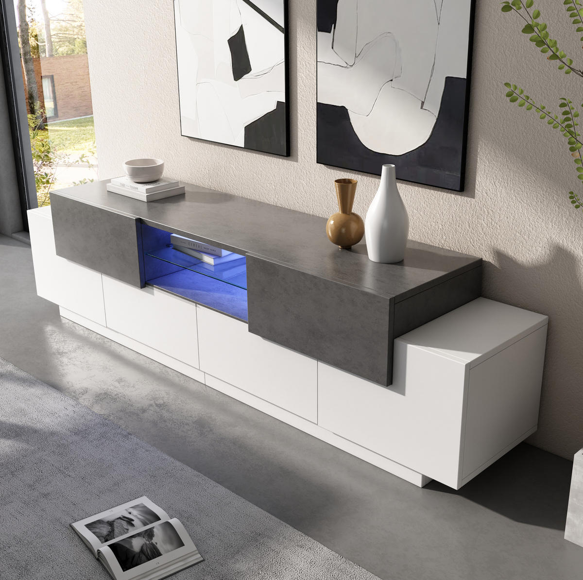 TV ormarić 180/40/45 cm bijelo-sivi od iverice s LED rasvjetom i staklenim policama - bijela, drvni materijal (180/45/40cm) - OKWISH