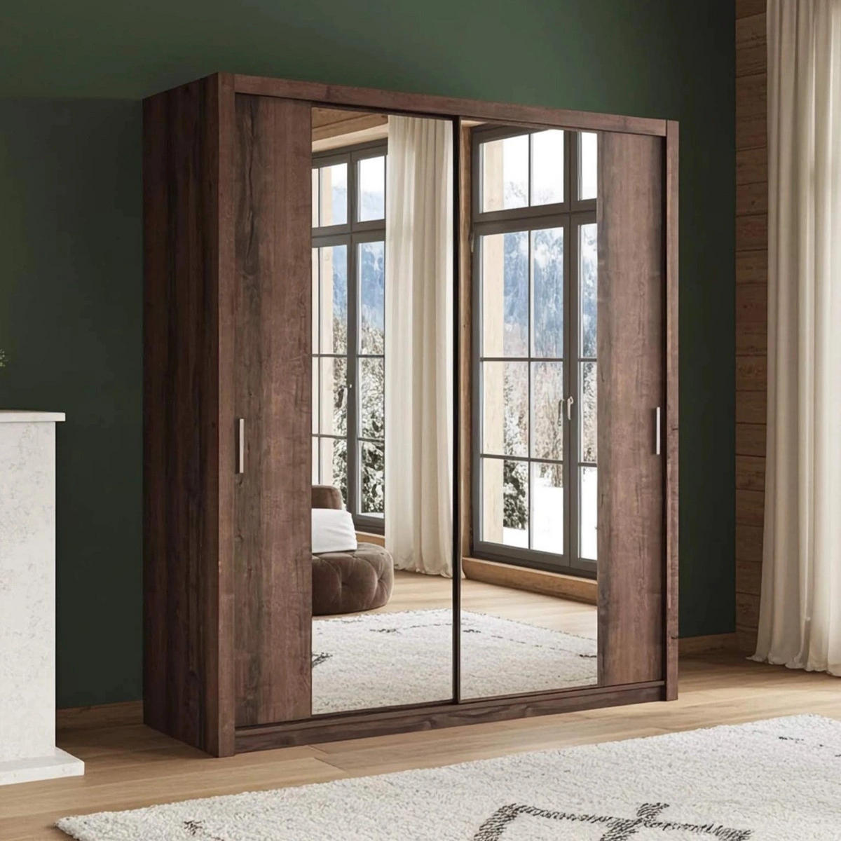 SCHIEBETÜRENSCHRANK Tamiza 200/215/62 mit Spiegel - Silberfarben/Braun, Holzwerkstoff/Kunststoff (200/215/62cm) - Ravio
