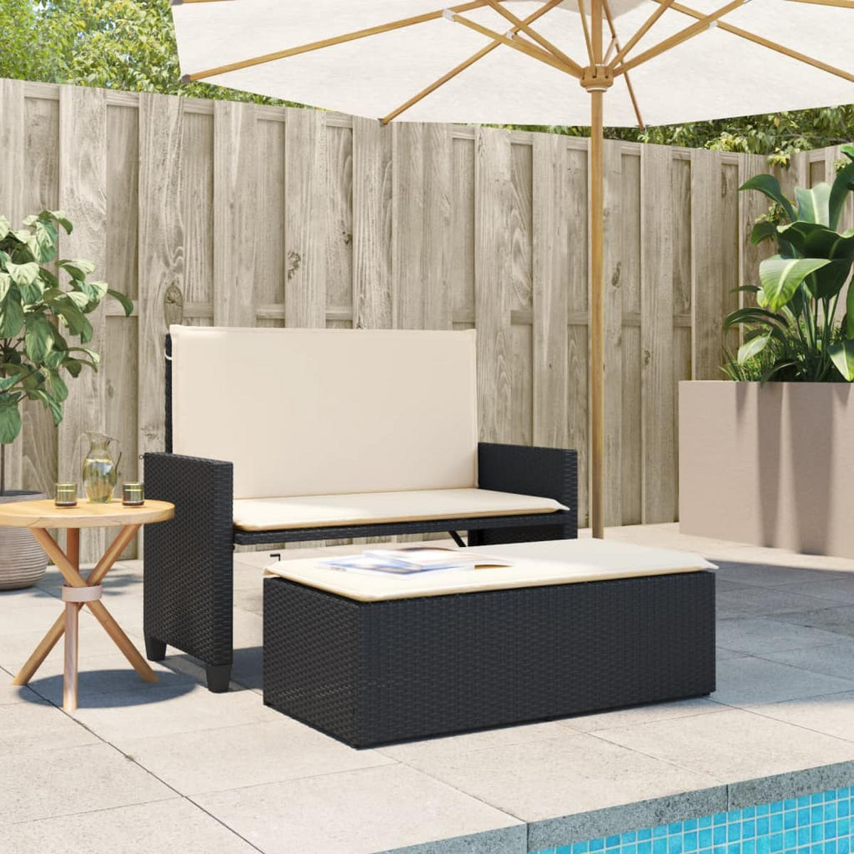 GARTENBANK mit Kissen und Hocker Schwarz Poly Rattan - Schwarz, Kunststoff (122/61.5/55cm) - furnicato