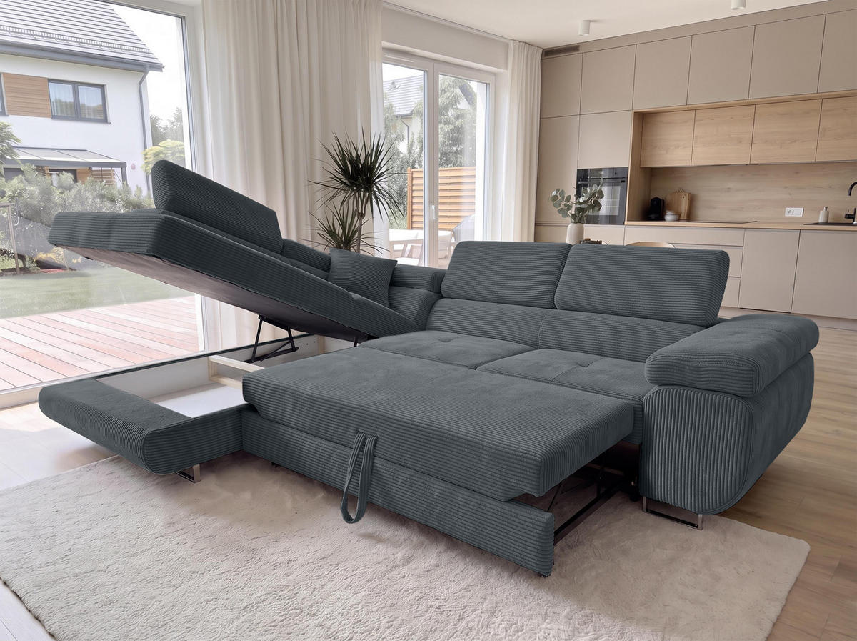ECKSOFA L Form Konak Dunkelgrau 276/201/90 cm Links mit Schlaffunktion - Dunkelgrau/Silberfarben, Textil/Metall (203/276cm) - AX Living