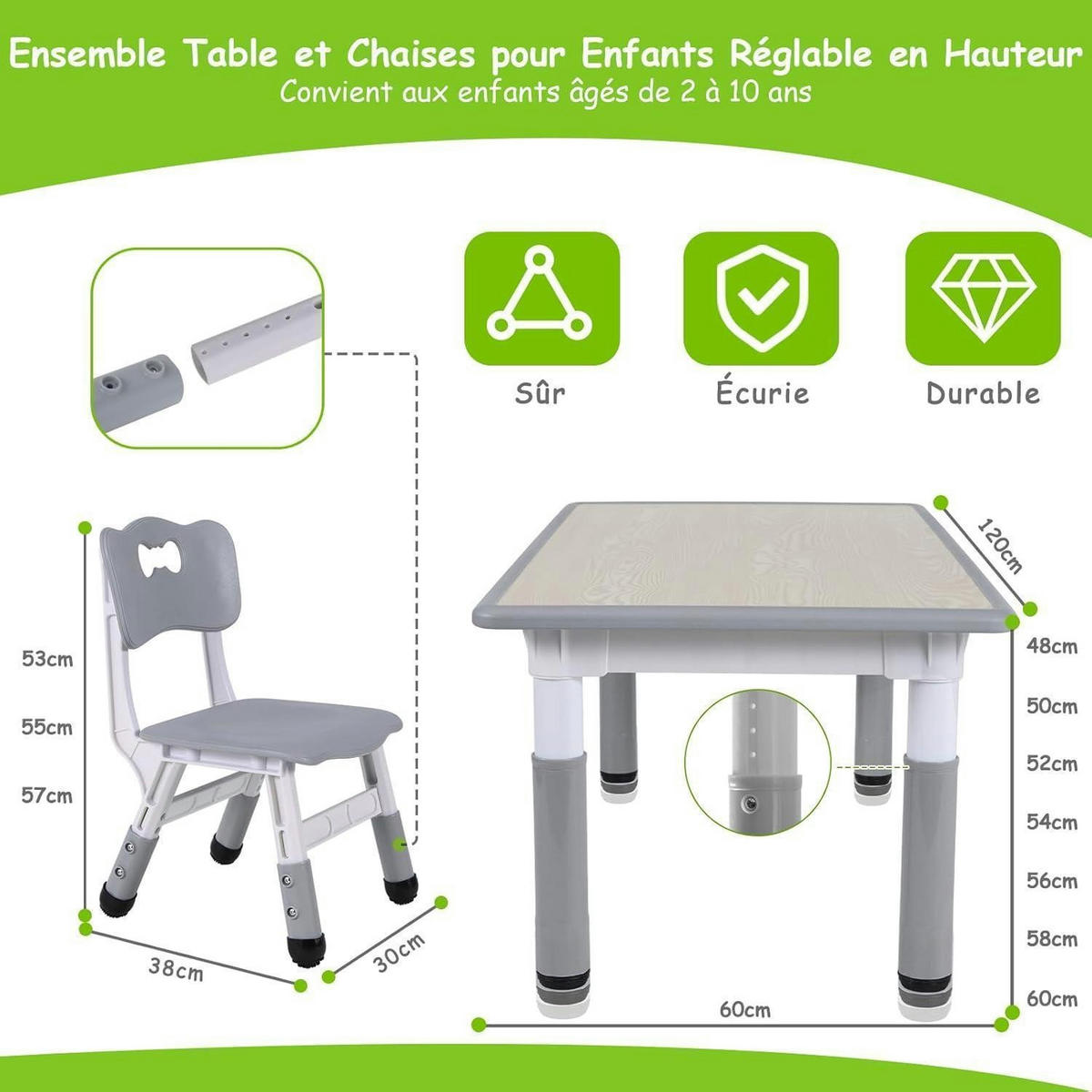 KINDERTISCH- und Stuhl-Set 7-teilig höhenverstellbar Grau - Grau, Kunststoff (60/60/120cm)