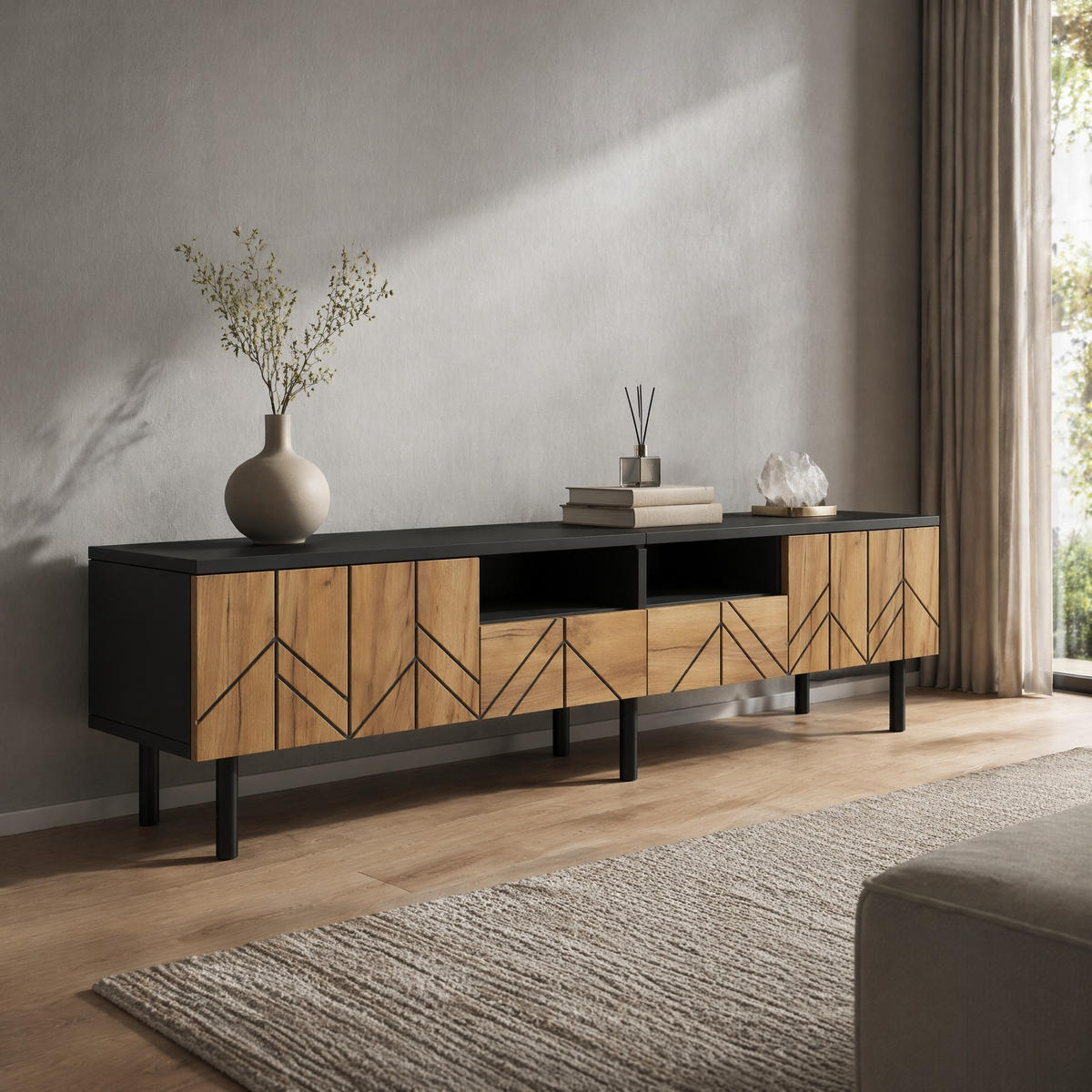 LOWBOARD in Schwarz und Naturfarben TV-Schrank mit Schubladen für Wohnzimmer, B180/T40/H45 cm - Schwarz/Naturfarben, Holzwerkstoff (180/45/40cm) - STILVORA