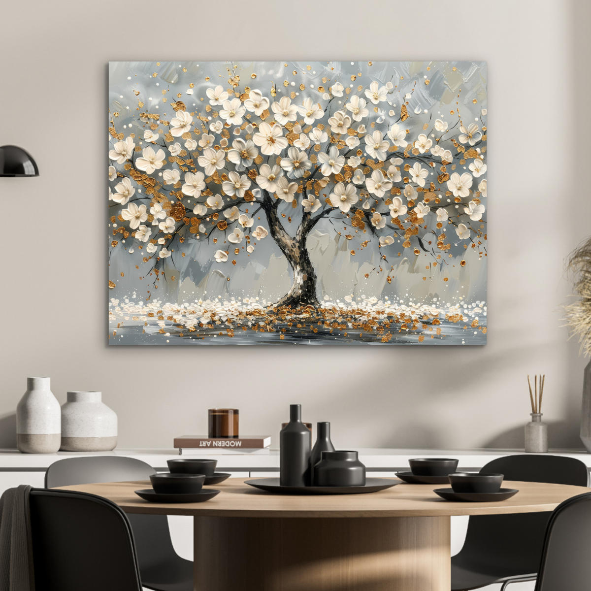 KOVOVÝ OBRAZ Strom - Kvety - Biela - Príroda - Umenie 80x60 cm - biela, kov (80/60cm) - MuchoWow