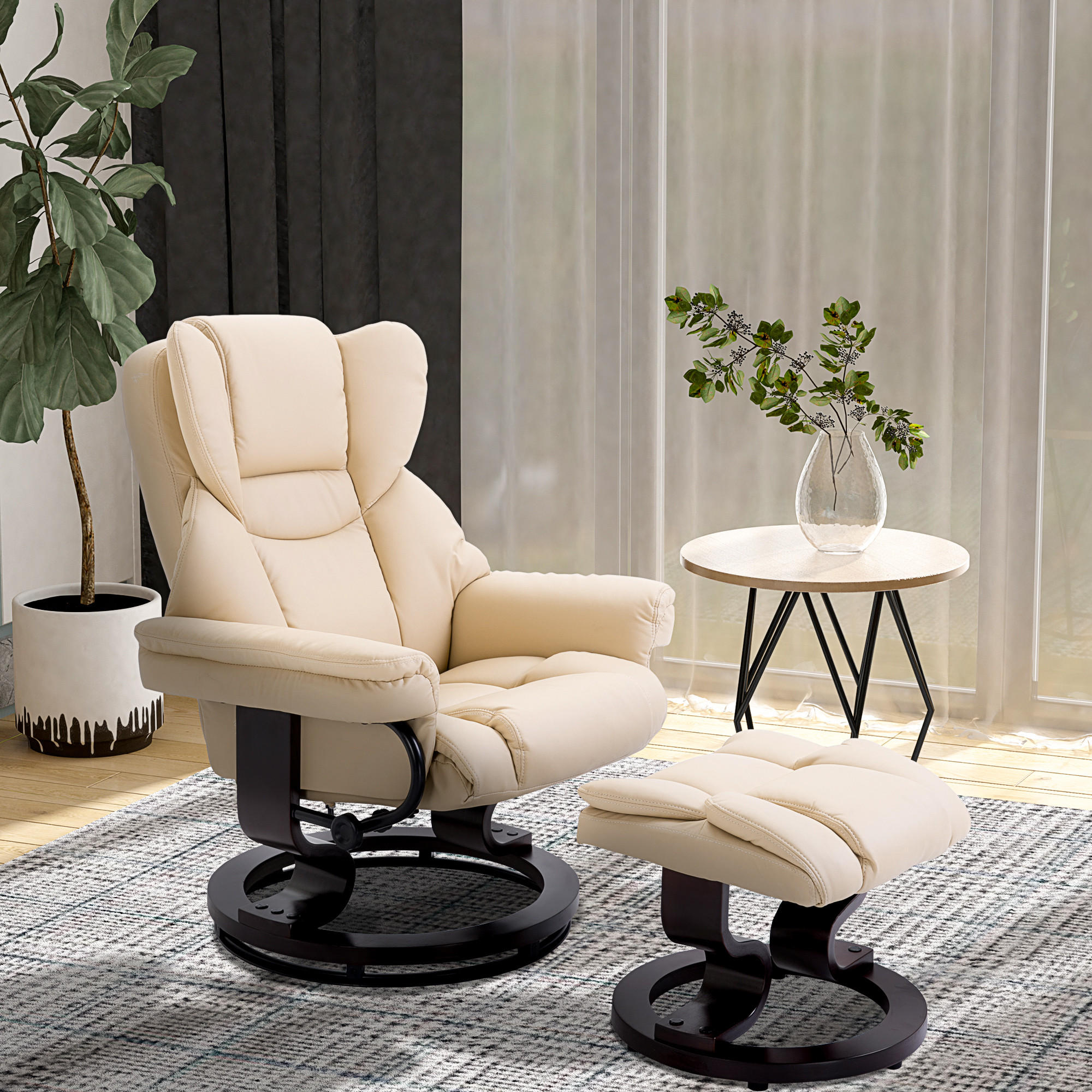 RELAXSESSEL mit Hocker, drehbarer Fernsehsessel, TV-Sessel mit Liegefunktion - Creme/Schwarz, Holz/Kunststoff (79/100/80cm) - HOMCOM
