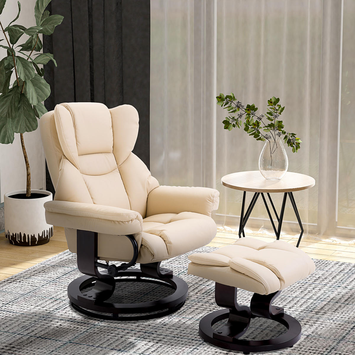 RELAXSESSEL mit Hocker, drehbarer Fernsehsessel, TV-Sessel mit Liegefunktion - Creme/Schwarz, Holz/Kunststoff (79/100/80cm) - HOMCOM