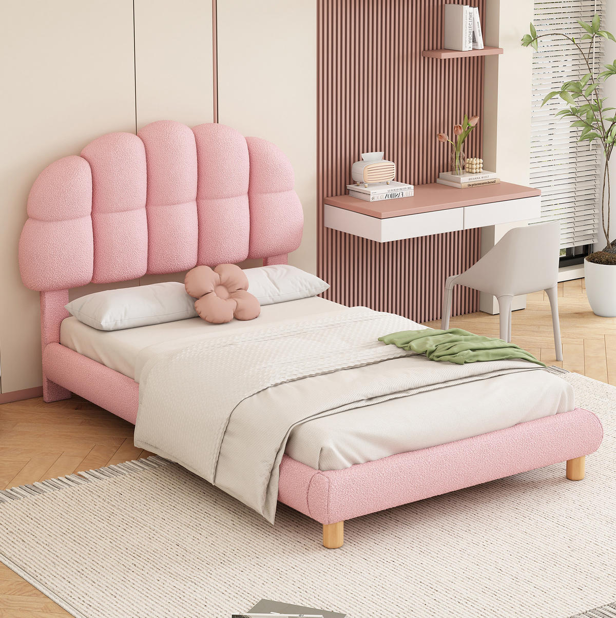 POLSTERBETT 90/200 cm aus Bouclé und MDF mit verstellbarem Kopfteil Rosa - Rosa, Textil (90/200cm) - Modenvie