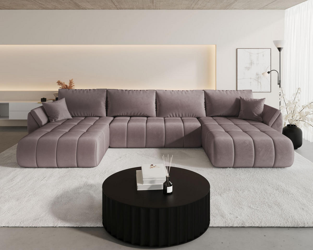 WOHNLANDSCHAFT SYDNEY PREMIUM U-Form dunkelrosa Velours Monolith 62 - Schlaffunktion, Bettkasten - Pink, Textil (385/85/175cm) - Cornero
