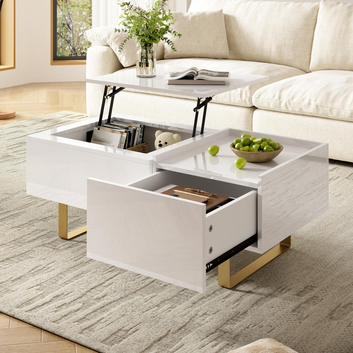 COUCHTISCH Höhenverstellbar MDF Hochglanz Schublade - Weiß, Holzwerkstoff (50/100/54.5cm) - FLIEKS