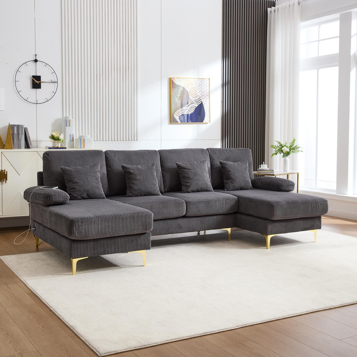 WOHNLANDSCHAFT 265/135/88 cm Grau mit LED Ambientebeleuchtung und der USB-C-Port - Grau, Textil (265/88/135cm) - Oxeza