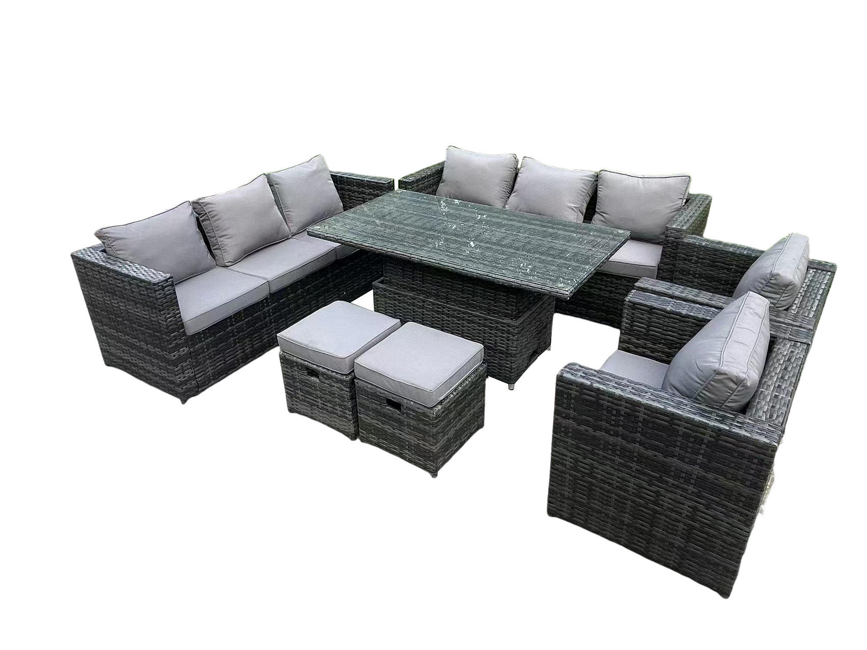 GARTENMÖBEL HÖHENVERSTELLBARER ESSTISCH SET Polyrattan 10-Sitzer - Dunkelgrau/Grau, Glas/Kunststoff - Fimous