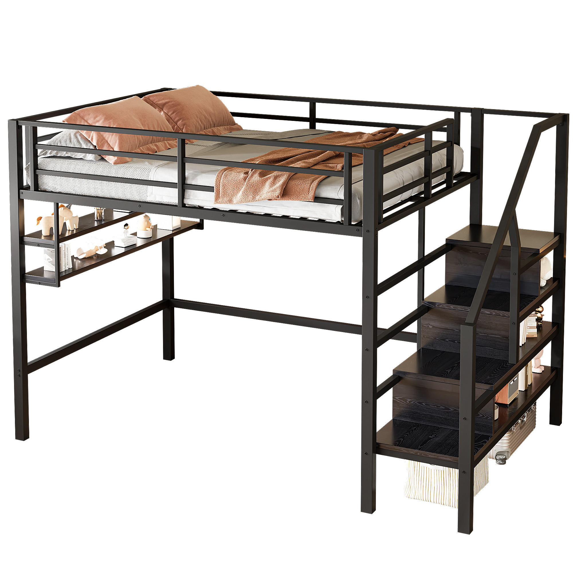 HOCHBETT 140x200cm Schwarz Einlegeböden Stauraumleiter Geländer - Schwarz, Metall (140/200cm) - FLIEKS