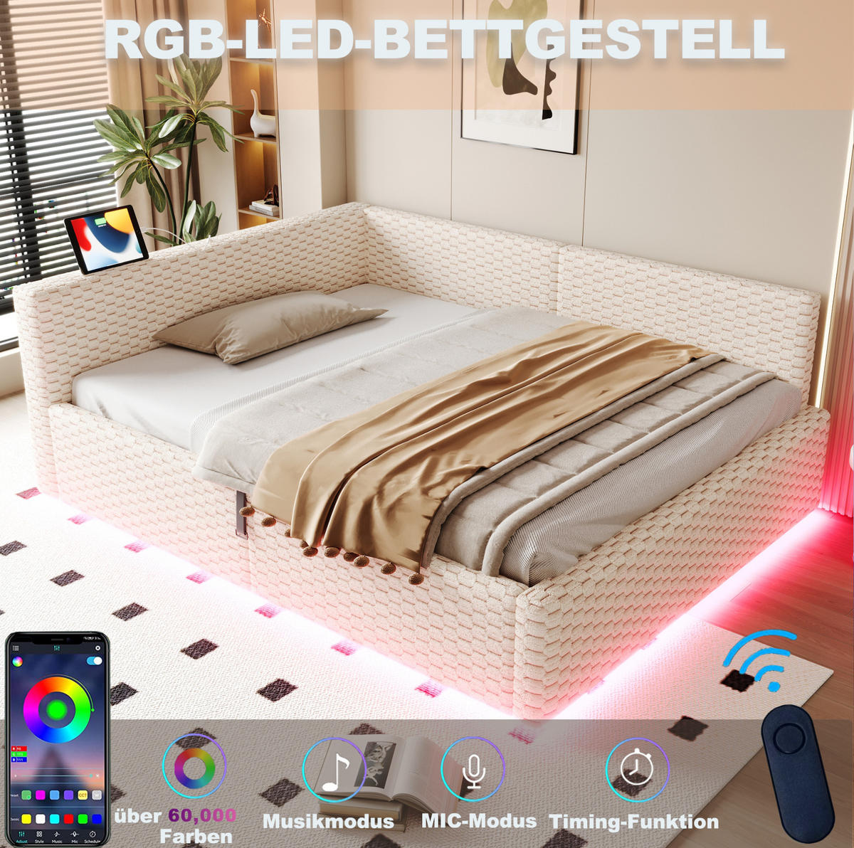 POLOHOVACÍ postel 140/200 cm béžová ze sametu s LED osvětlením a USB-C portem - béžová, kompozitní dřevo (140/200cm) - OKWISH