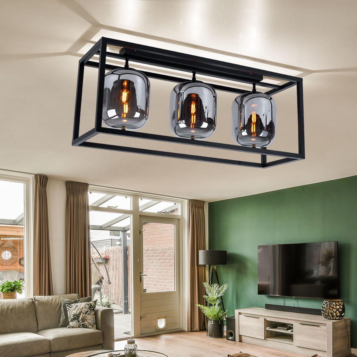 LED DECKENLEUCHTE BLACKY Metall Schwarz Glas - Schwarz, Holz (77.5/25/32.5cm) - Globo Lighting