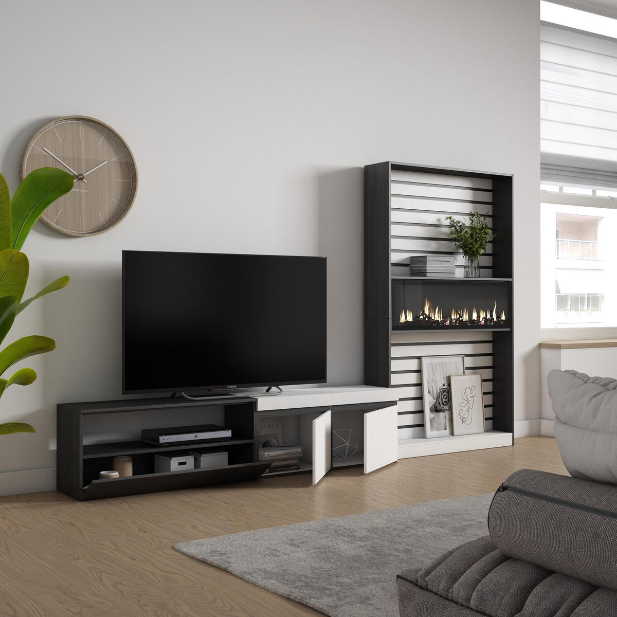 WOHNWAND Wohnzimmer, weiß und schwarz, Elektrokamin,, 310/35/186cm - Schwarz/Weiß, Holzwerkstoff (310/186/35cm) - Skraut Home