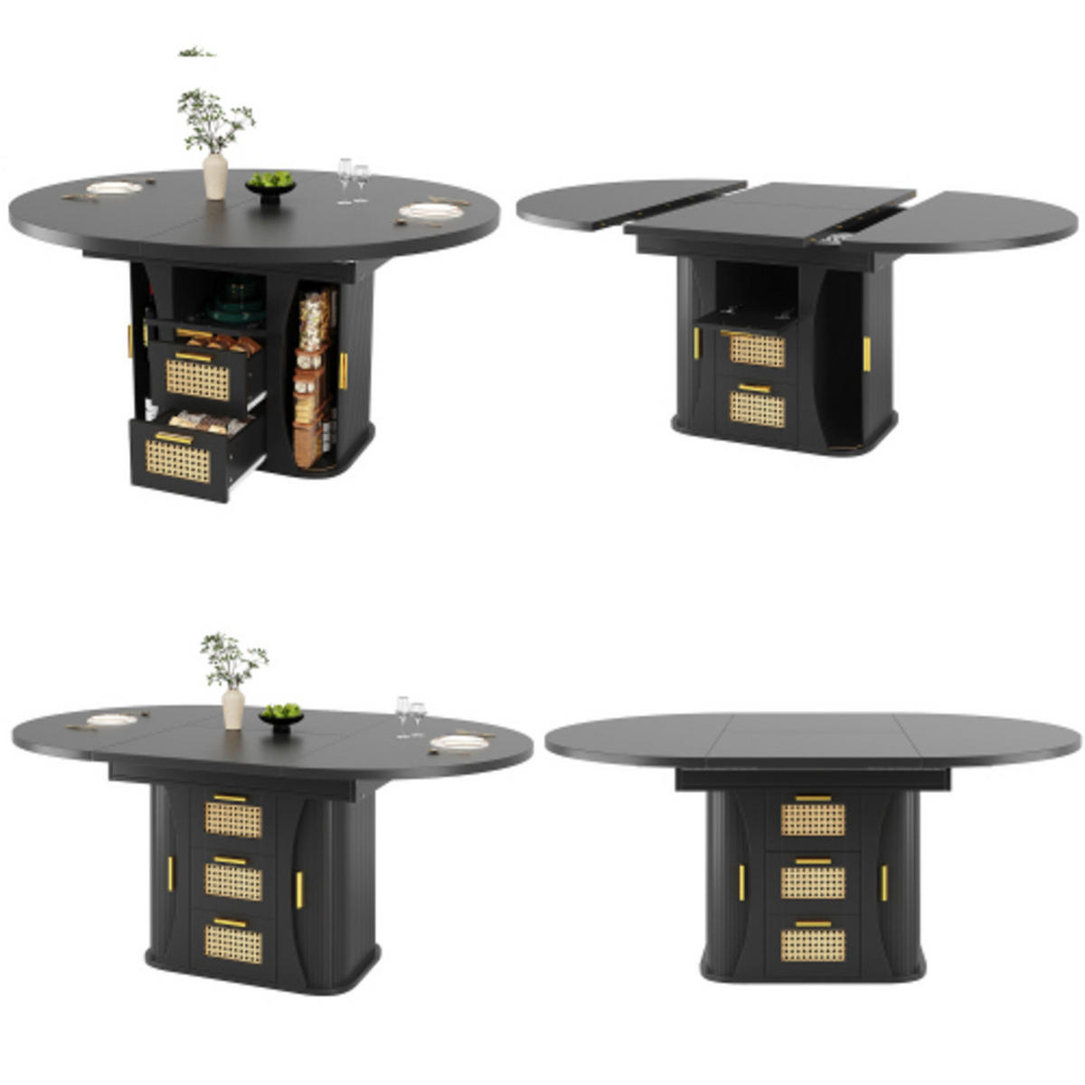 ESSTISCH Ausziehbarer 118-158×118×77,1 cm aus MDF und Metall mit Rattan-Schubladen, schwarz - Schwarz, Holzwerkstoff (158/118/77.1cm) - Luhomfu