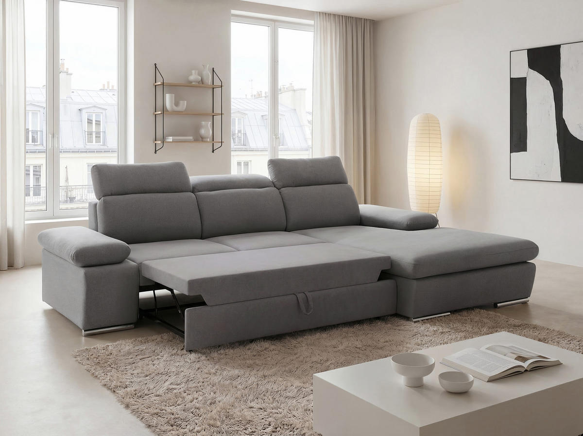 ECKSOFA PABLO mit Schlaffunktion und Bettkasten Grau - Grau, Holzwerkstoff/Kunststoff (250/90cm) - Idohome
