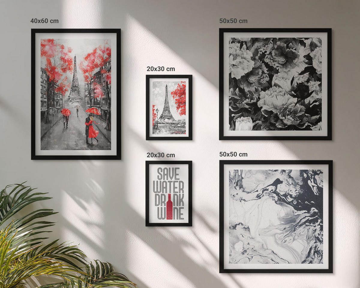 WANDBILDER 5er-Set - 50x50 cm & 20x30 cm & 40x60 cm Schwarzer Rahmen - graue Gemälde des Eiffelturms - Schwarz, Kunststoff (40/60cm) - ArtPrintCave