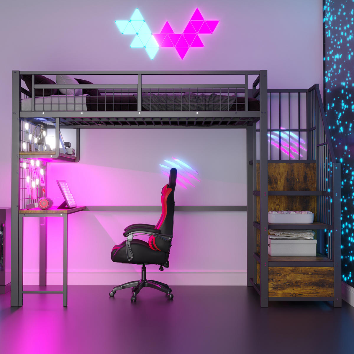 HOCHBETT aus Metall 90x200 cm Schwarz mit Schreibtisch, Lichtleiste, Steckdosen, Stauraumtreppe und Kleiderschrank - Schwarz, Metall (90/190cm) - Modfu