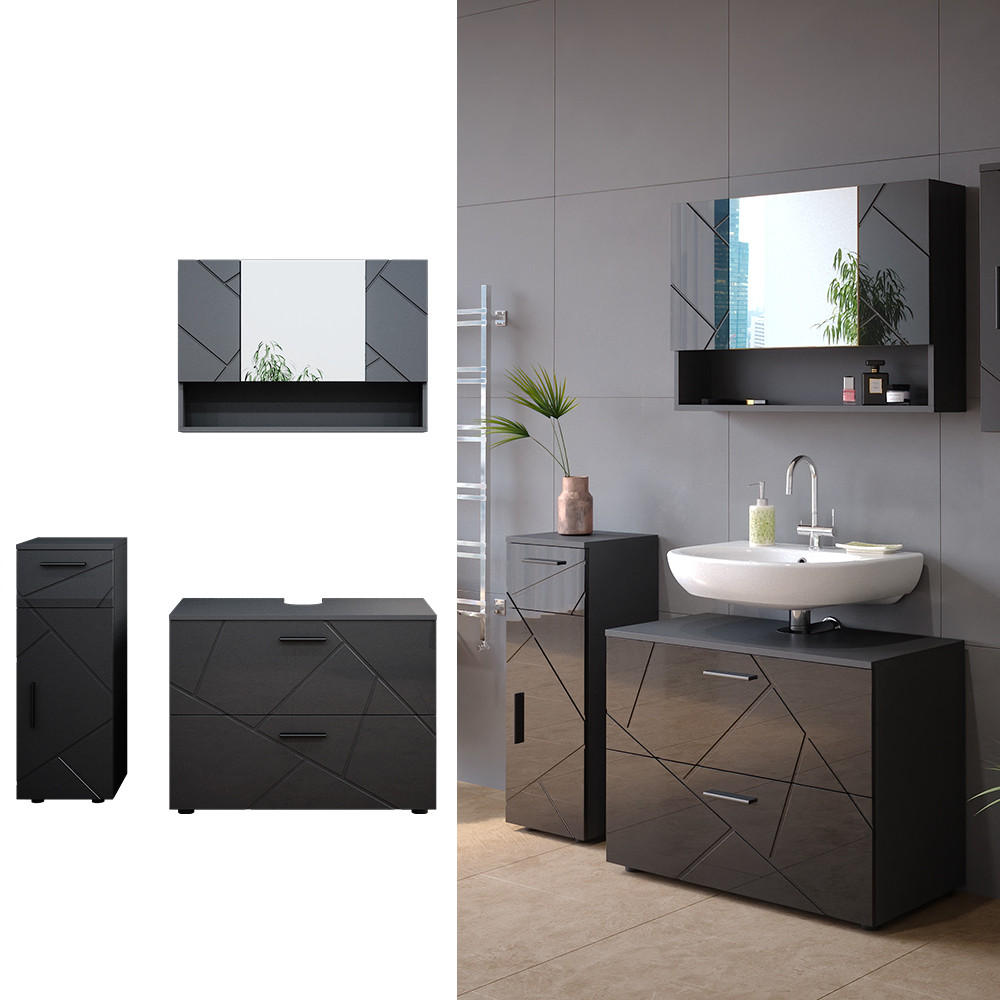 Vicco BADMÖBEL-SET Schwarz Hochglanz 80cm × 41cm × 59cm